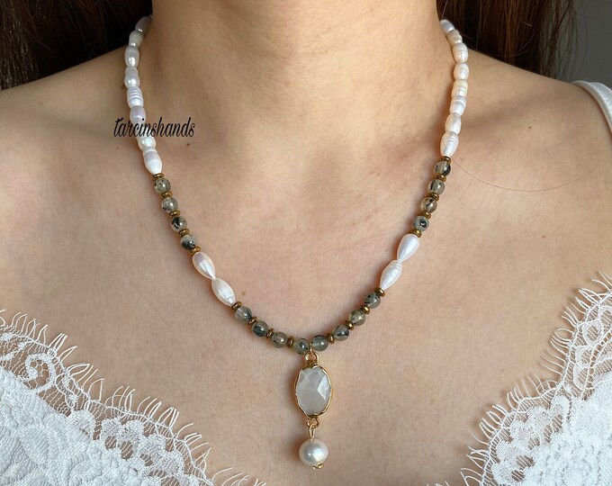 Prehnite and freshwater pearl necklace with moonstone pendant , minimalist necklace , natural stone necklace , pearl and gemstone necklace