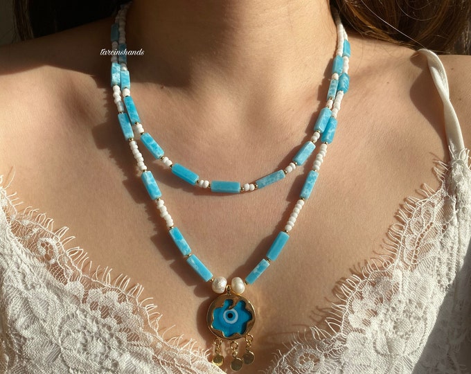 Unique blue gemstone necklace with murano lampwork evil eye , beaded evil eye necklace , multistrand natural stone necklace variscite beaded