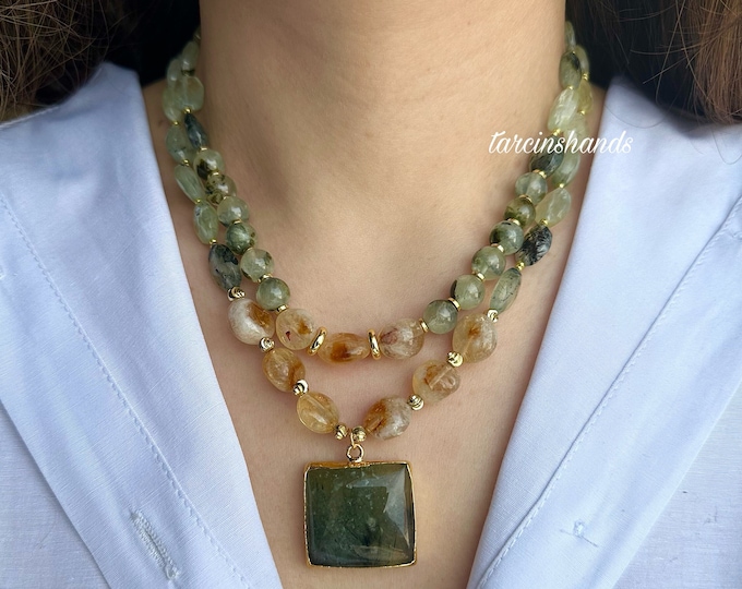 Prehnite and citrine necklace , multistrand gemstone necklace , prehnite jewelry , layered necklace , unique gemstone necklace , gift idea