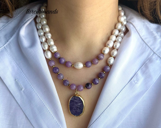 Lepidolite Necklace , Pearl and Gemstone Necklace , Multistrand Beaded Necklace , Beaded Lepidolite Necklace , Unique Gemstone Necklace