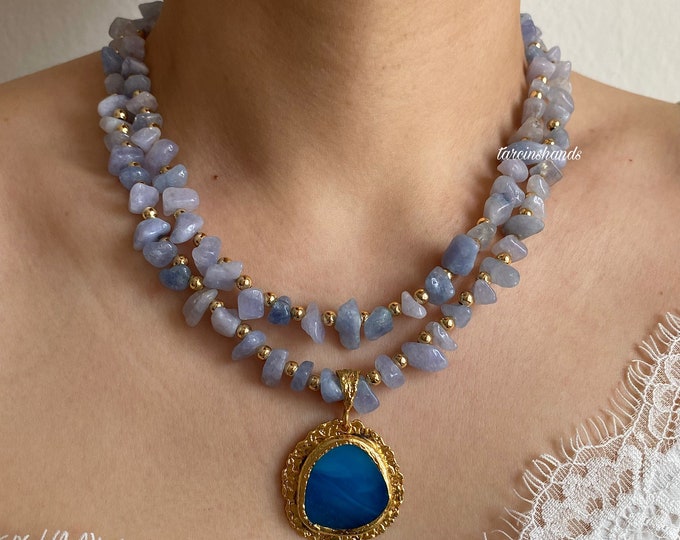 Aquamarine Necklace with Slice Agate Pendant - Multistrand Gemstone, Layered Crystal Jewelry, Natural Stone Fall Necklace, Perfect Gift