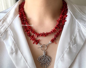 Multistrand Red Coral Necklace: Silver Plated Toggle, Two-Piece Design