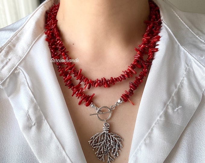 Multistrand Coral Bead Necklace with Silver Plated Toggle , Natural Red Coral Necklace , Silver Coral Necklace