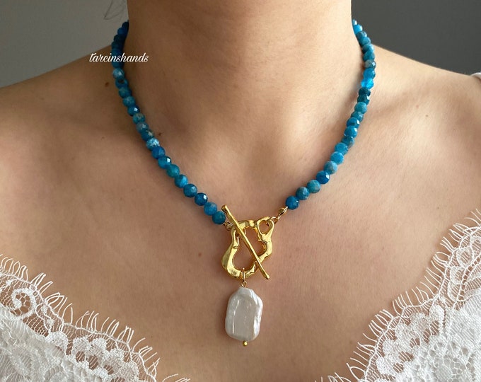 Apatite necklace with gold toggle baroque pearl pendant , unique blue natural stone necklace , dainty apatite beaded necklace , gift idea