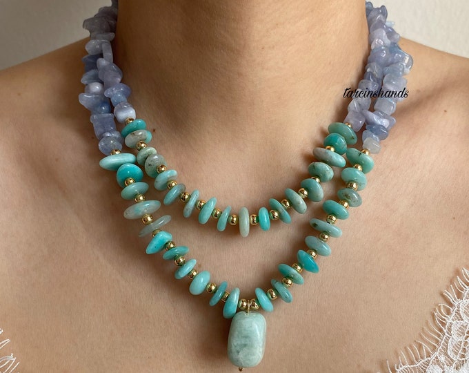 Amazonite and Aquamarine Gold-Plated Multistrand Necklace - Blue Natural Stone Necklace, Summer Gemstone Jewelry, Amazonite Beaded Necklace