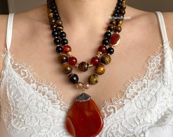 Tiger's Eye Carnelian Obsidian Necklace with Agate Pendant - Multistrand Layered Gemstone Jewelry