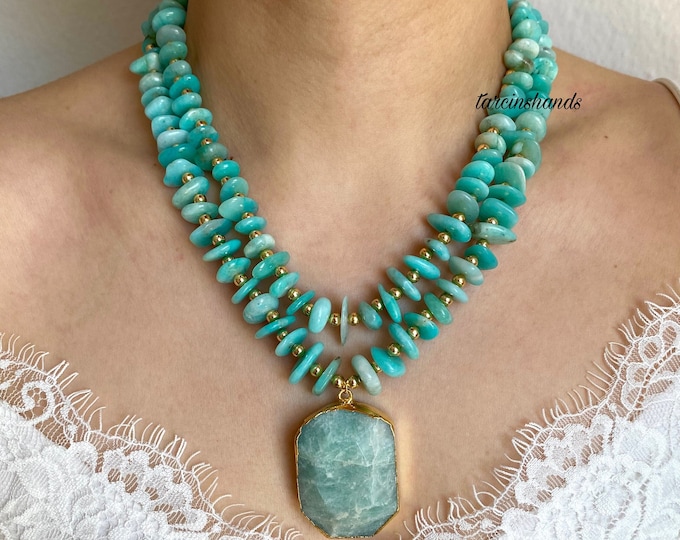Multistrand Amazonite Necklace - Blue Natural Stone, Beaded Gold-Plated, Layered Gemstone, Elegant Bohemian Jewelry Gift For Her Gift idea