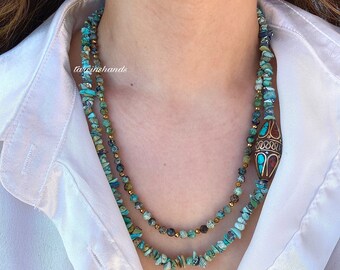 Multistrand Turquoise Necklace: Gold Plated Gemstone Jewelry