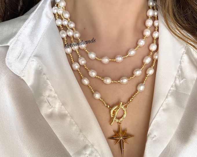Multistrand Pearl Gold Toggle Necklace with North Star Pendant , Layered Freshwater Pearl Necklace , Multilayer Statement Pearl Necklace