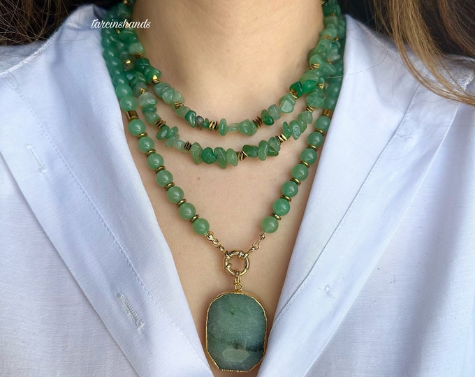 Multistrand Aventurine 2 in 1  Necklace - Green Gemstone, Gold Toggle, Dainty and Unique Jewelry, Perfect Gift