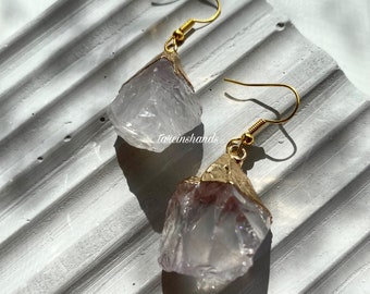 Quartz earrings , rock quartz earrings , gold plated clear quartz earrings , crystal earrings , gemstone earrings , chunky earrings