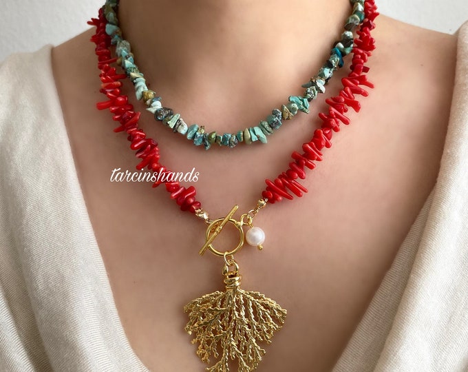 Red coral and turquoise gold toggle necklace with gold coral pendant , layered coral turquoise necklace