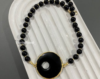 Circle agate necklace gold plated , black agate bead necklace , crystal healing , gemstone necklace , natural stone necklace , unique agate