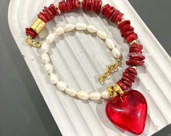 Red coral and pearl gold plated necklace with murano lampwork puffed heart pendant , glass heart necklace , half-hald necklace ,gift for her