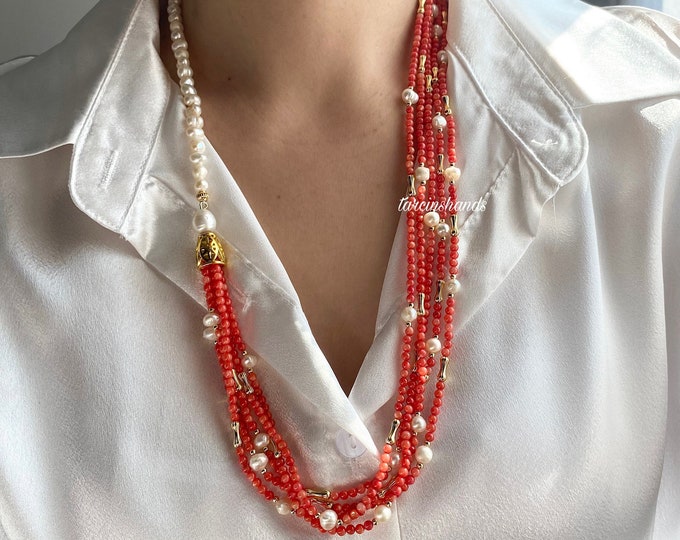 Multistrand mother of pearls and freshwater pearls necklace , mother of pearl jewelry , statement gemstone necklace , natural stone necklace