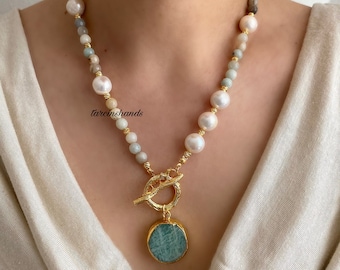 Amazonite and Baroque Pearl Gold Toggle Necklace with Amazonite Pendant , Blue Gemstone Necklace , Dainty Gemstone and Pearl Necklace