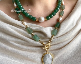 Aventurine necklace with moonstone pendant , green gemstone statement necklace , gemstone necklace , chunky necklace set Anniversary Gifted