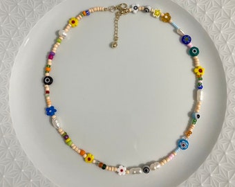 Mixed bead and pearl gold plated necklace , mismatched daisy necklace , glass seed bead necklace , millefiori necklace , evil eye jewelry