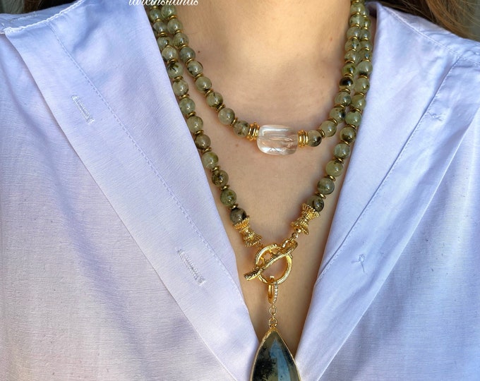 Multistrand Prehnite Necklace - Green Gemstone, Gold Toggle, Layered Crystal Jewelry, Unique and Elegant Gift Outfits desing