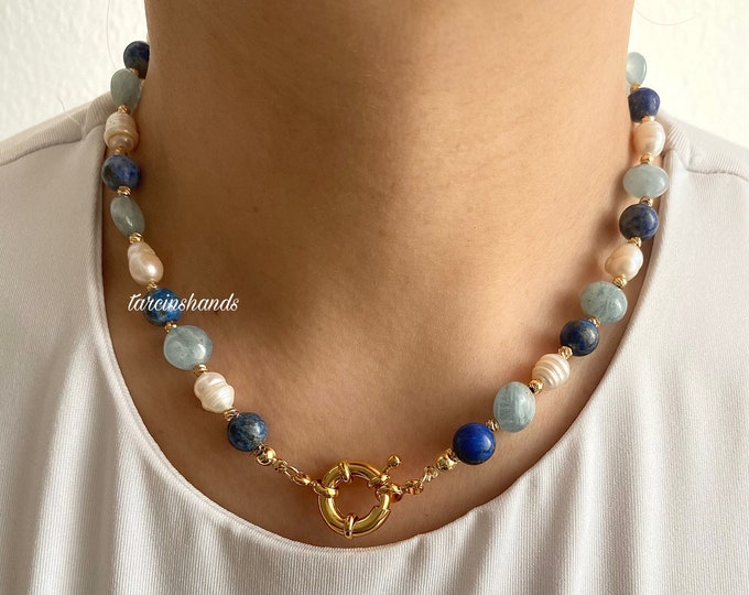 Lapis Lazuli Aquamarine and Pearl Gold Toggle Necklace ,Pearl and Gemstone Necklace, Natural Blue Stone Necklace ,Semiprecious Stone Jewelry