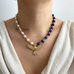 Half Lapis Lazuli Half Freshwater Pearl Gold Necklace with Phoenix Pendant , Navy Blue Gemstone Pearl Necklace , Pearl and Gemstone Necklace