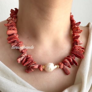 Bohemian Style Gold Plated Necklace with Unique and Natural Red Coral and Baroque Pearl Pendant