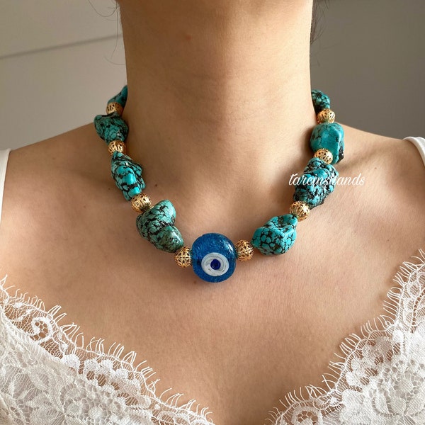 Large turquoise stones with murano lampwork evil eye bead necklace , summer necklace , protect jewelry , lucky eye necklace , gift necklace