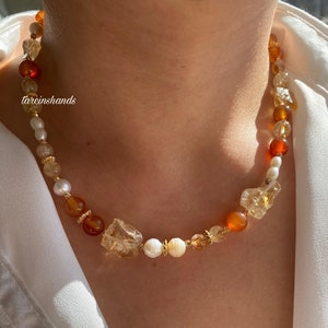 Raw Citrine Agate Pearl Necklace, Gold Filled Gemstone, Boho Jewelry