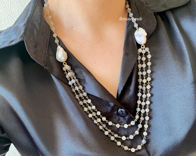 Multistrand Labradorite and Baroque Pearl 24k Gold Plated Wire Wrap Necklace, Statement Semi Precious Stone Necklace , Unique Gemstone