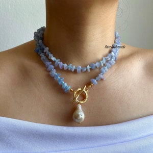 Aquamarine Beaded Necklace: Baroque Pearl Pendant, Gold Toggle Clasp