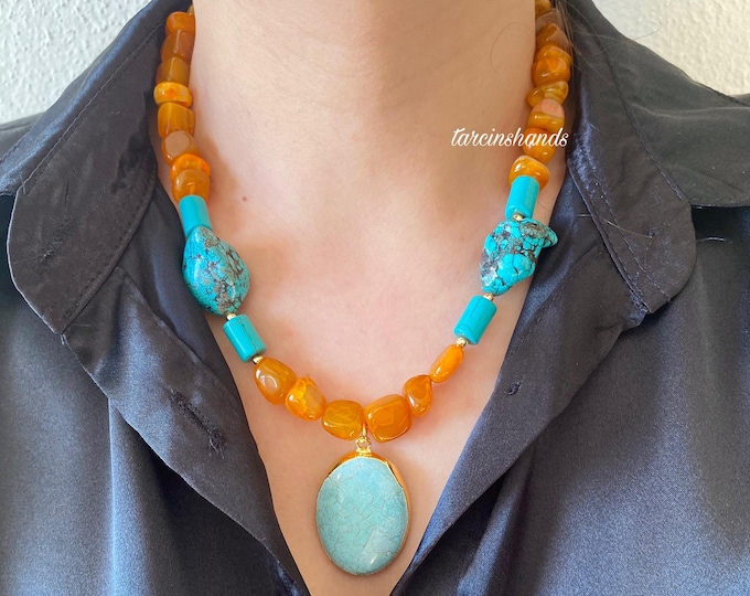 Orange Agate and Turquoise Gold Filled Boho Chunky Necklace, Orange Semi Precious Stone Handmade Necklace, Raw Turquoise Necklace