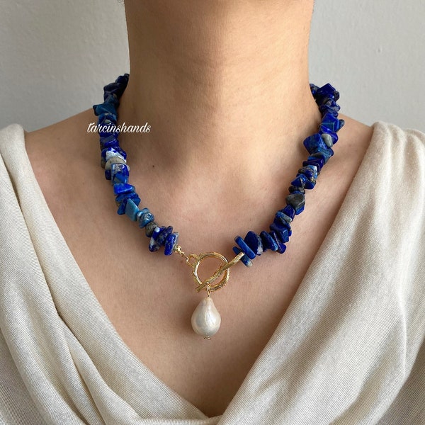 Lapis Lazuli and Baroque Pearl Necklace  pendant necklace ,chunky gemstone necklace , navy blue gemstone necklace Anniversary Gifted