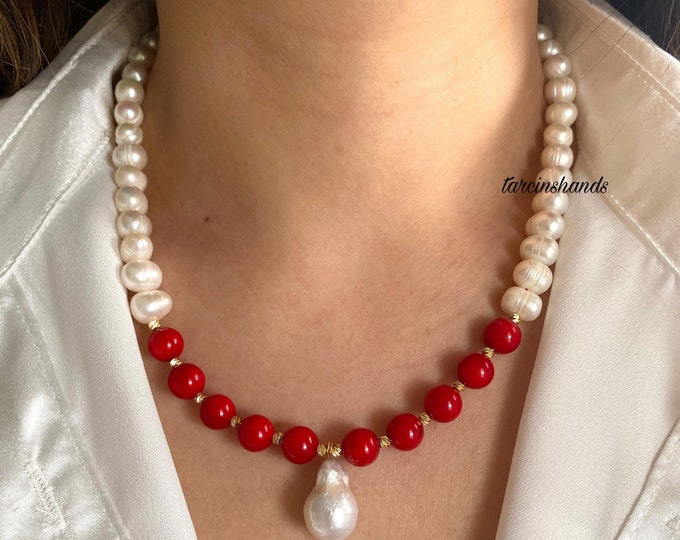 Red Coral Pearl Necklace,Natural Pearl Coral Gold Filled Necklace with Baroque Pearl Pendant,Natural Red Coral Freshwater Pearl Necklace