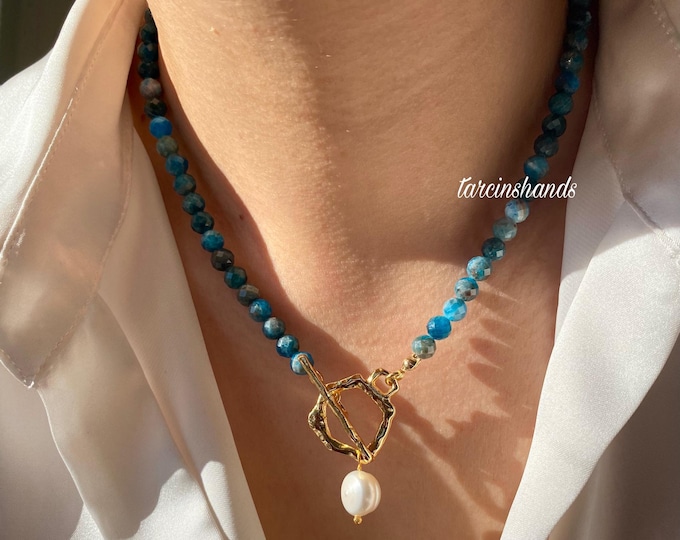 Apatite Gold Toggle One Pearl Pendant Necklace,Pearl and Gemstone Necklace,Unique Blue Semi Precious Stone Necklace with Real Pearl