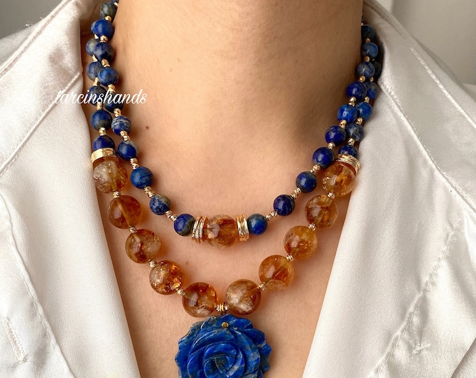 Multistrand Lapis Lazuli and Citrine Gold Necklace , Layered Gemstone Necklace , Chunky Multisttand Natural Stone Necklace , Gift For Women