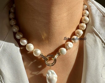 Baroque Pearl Gold Interlocking Clasp Necklace , Statement Pearl Necklace , Real Chunky Pearl Gold Toggle Necklace , Gift For Women Birthday
