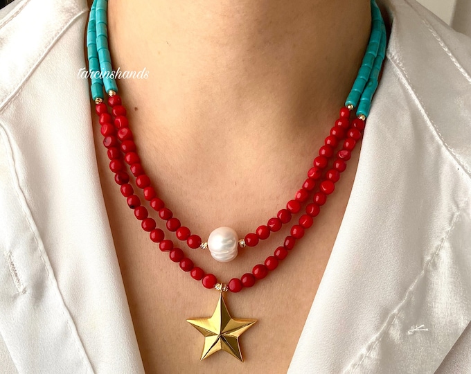 Multistrand Natural Red Coral Turquoise and Pearl Necklace with Star Pendant , Layered Coral Necklace , Unique Gift Idea , Minimalist Coral