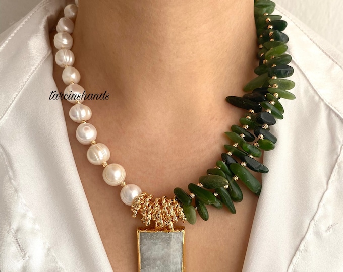 Jade and Baroque Pearl Gold Necklace with Moonstone Pendant , Chunky Gemstone Necklace , Green Natural Stone Pearl Half Half Necklace