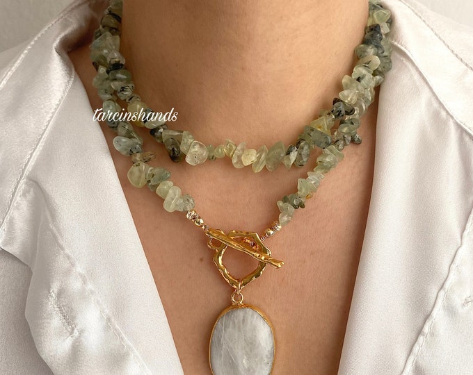 Prehnite Gold Toggle Necklace with Moonstone Pendant , Multistrand Prehnite Necklace , Statement Gemstone Necklace , Gift For Women Birthday