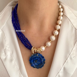 Lapis Lazuli Pearl Gold Necklace , Multistrand Navy Blue Gemstone Necklace, Rose Lapis Lazuli Necklace , Statement Blue Bead Necklace