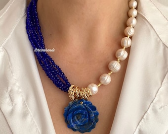 Lapis Lazuli Pearl Gold Necklace , Multistrand Navy Blue Gemstone Necklace, Rose Lapis Lazuli Necklace , Statement Blue Bead Necklace