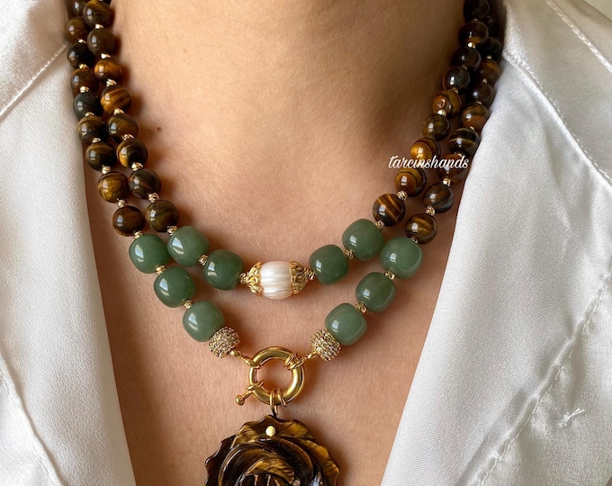 Multistrand Tiger's Eye and Aventurine Pearl Gold Necklace with Rose Gemstone Pendant, Green and Brown Gemstone Multilayer Necklace