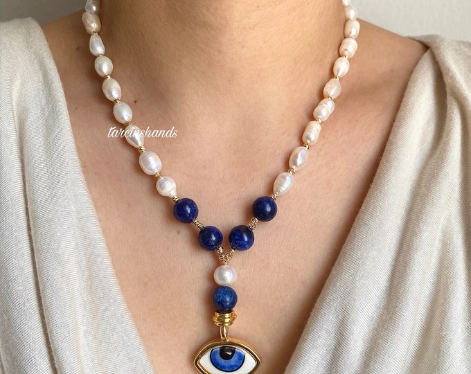 Lapis Lazuli and Pearl Gold Necklace with Eye Pendant , Navy Blue Gemstone Necklace with Freshwater Pearl , Gift For Her , Birthday Gift