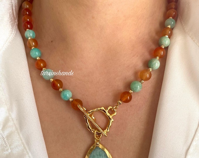 Amazonite and Orange Agate Gold Plated Toggle Necklace with Amazonite Pendant,Orange Semi Precious Stone Necklace,Agate Bead Necklace