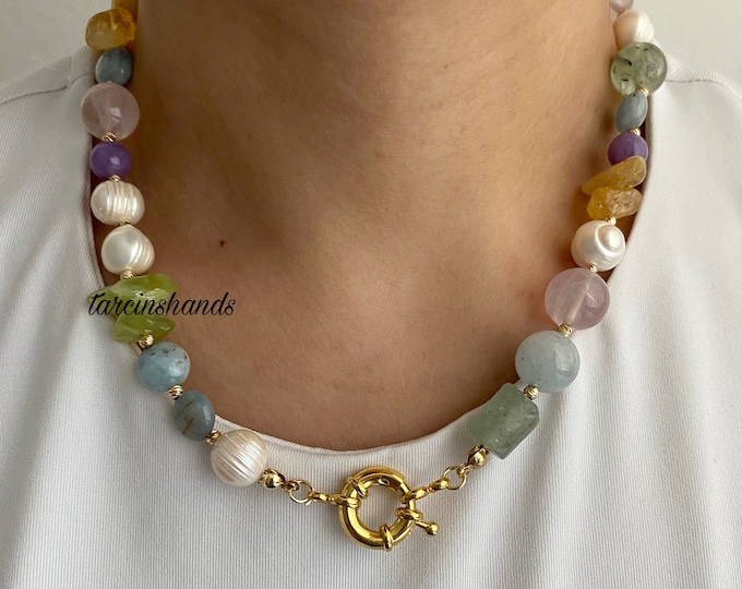 Mixed Gemstone Pearl Gold Toggle Necklace , Mixed Bead Gemstone Gold Filled Necklace , Fall Autumn Necklace,Chunky Pearl Necklace with Gems