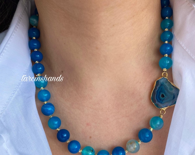 Blue Moss Agate Gold Filled Necklace,Chunky Blue Semi Precious Stone Necklace,Statement Blue Gemstone Bead Necklace,Handmade Gift Jewelry