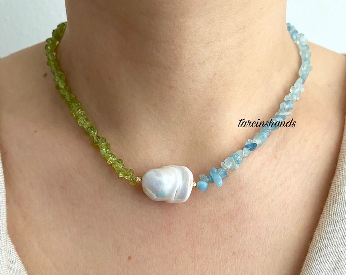Peridot and Aquamarine Baroque Pearl Necklace ,  Gemstone Pearl Necklace , Gold Filled Gemstone Necklace , Beaded Peridot Necklace , Gift