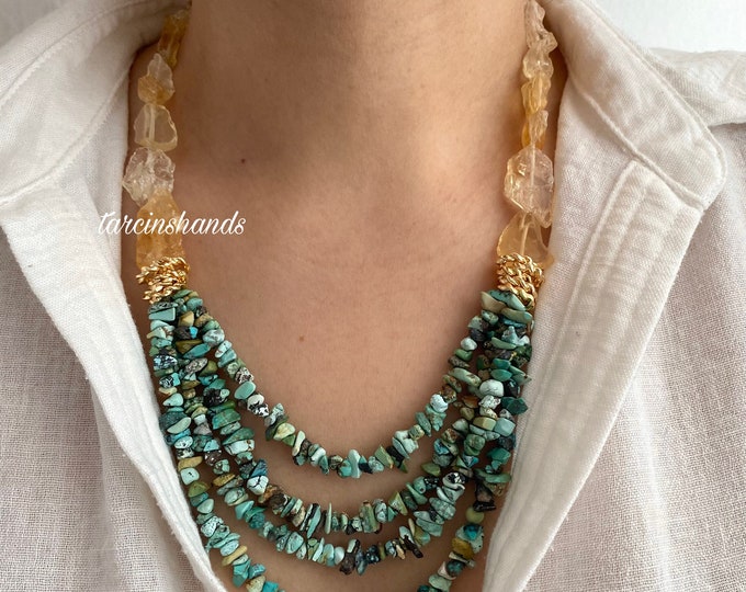 Natural Raw Citrine and Turquoise Gold Filled Necklace,Multistrand Gemstone Chunky Necklace , Beaded Raw Citrine Necklace , Gift For Women