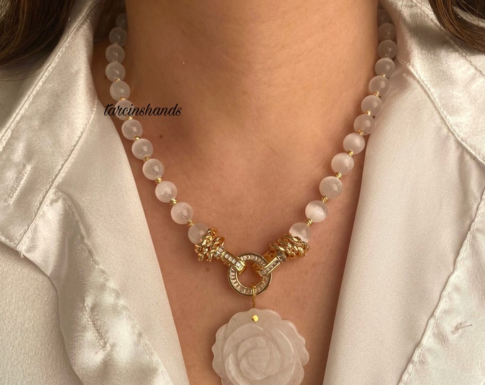Selenite Interlocking Clasp Rose Shaped Quartz Pendant Gold Necklace , White Gemstone Statement Necklace , Beaded Selenite Necklace