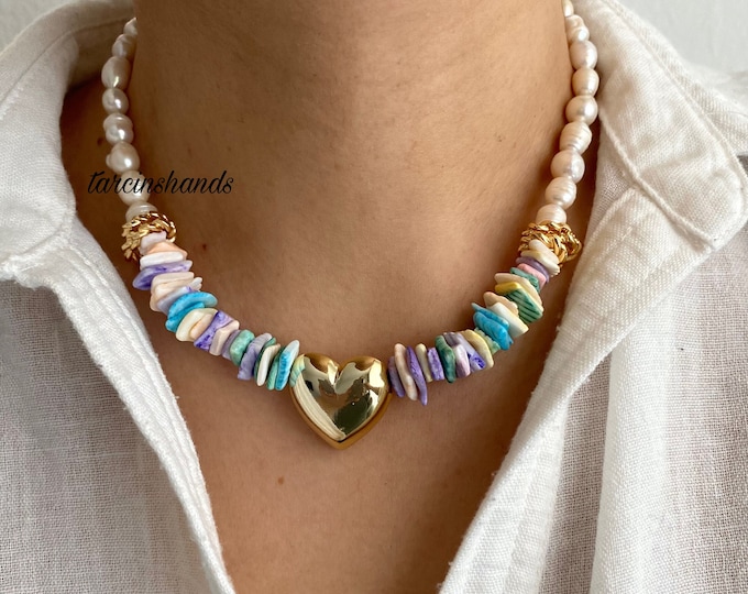 Gold Puffy Heart Pastel Shell Beads and Pearls Necklace , Gold Puffed Heart Gemstone Necklace , Gift For Her